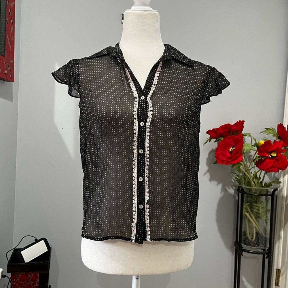 NEW Max Studio Silk Polka Dot Lace Trim Flutter Cap Sleeve Sheer Blouse S NWOT